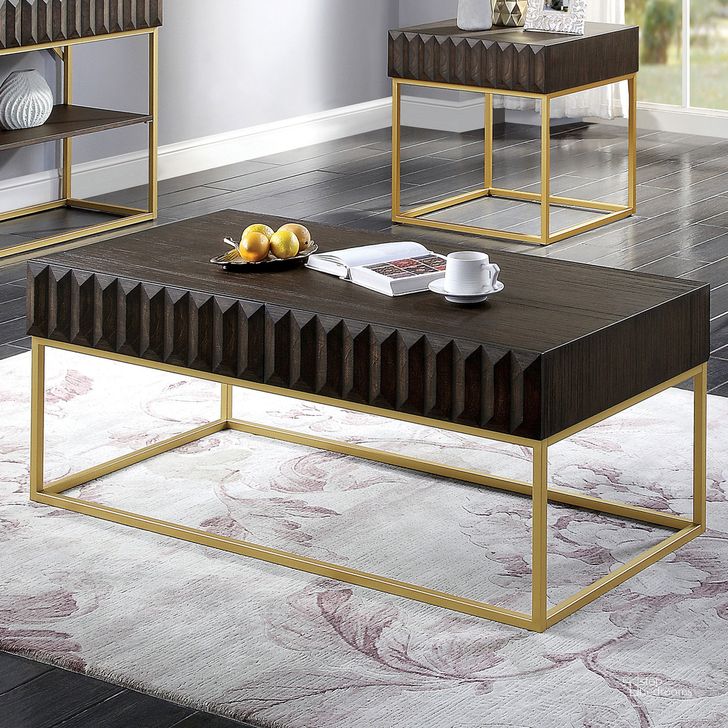 The appearance of Augsburg Coffee Table In Walnut and Gold designed by Furniture of America in the modern / contemporary interior design. This walnut and gold piece of furniture  was selected by 1StopBedrooms from Augsburg Collection to add a touch of cosiness and style into your home. Sku: CM4545WN-C. Material: Wood. Product Type: Coffee Table. Image1
