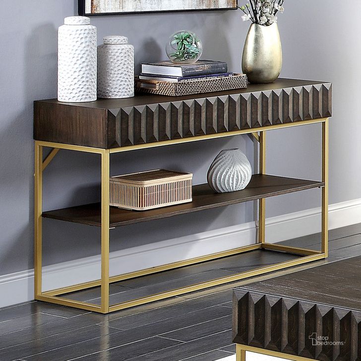 The appearance of Augsburg Sofa Table In Walnut and Gold designed by Furniture of America in the modern / contemporary interior design. This walnut and gold piece of furniture  was selected by 1StopBedrooms from Augsburg Collection to add a touch of cosiness and style into your home. Sku: CM4545WN-S. Material: Wood. Product Type: Sofa Table. Image1