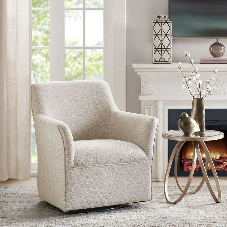 The appearance of Augustine Swivel Glider Chair In Cream designed by Olliix in the transitional interior design. This cream piece of furniture  was selected by 1StopBedrooms from Augustine Collection to add a touch of cosiness and style into your home. Sku: MP103-0602. Material: Wood. Product Type: Living Room Chair. Image1
