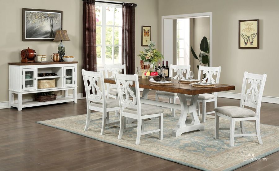 The appearance of Auletta Dining Table In Distressed White and Distressed Dark Oak designed by Furniture of America in the rustic / southwestern interior design. This distressed white and distressed dark oak piece of furniture  was selected by 1StopBedrooms from Auletta Collection to add a touch of cosiness and style into your home. Sku: CM3417T-1;CM3417T-2. Table Base Style: Storage. Material: Wood. Product Type: Dining Table. Table Top Shape: Rectangular. Image1
