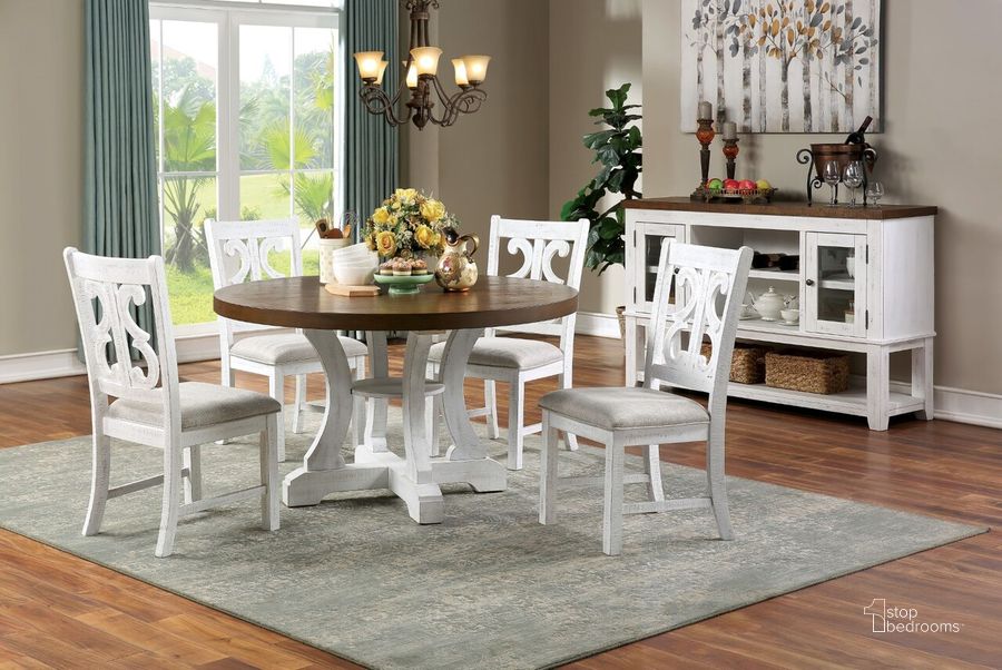 The appearance of Auletta Round Dining Table In Distressed White and Distressed Dark Oak designed by Furniture of America in the rustic / southwestern interior design. This distressed white and distressed dark oak piece of furniture  was selected by 1StopBedrooms from Auletta Collection to add a touch of cosiness and style into your home. Sku: CM3417RT. Table Base Style: Legs. Table Top Shape: Round. Material: Wood. Product Type: Dining Table. Image1