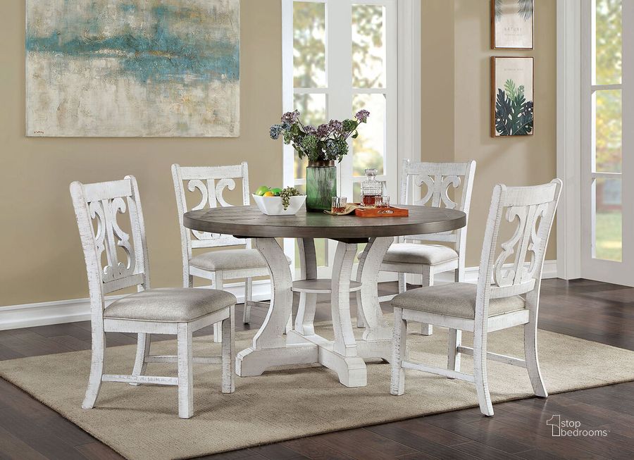The appearance of Auletta Round Dining Table In Gray designed by Furniture of America in the rustic / southwestern interior design. This gray piece of furniture  was selected by 1StopBedrooms from Auletta Collection to add a touch of cosiness and style into your home. Sku: CM3417GY-RT. Table Base Style: Legs. Table Top Shape: Round. Material: Wood. Product Type: Dining Table. Image1