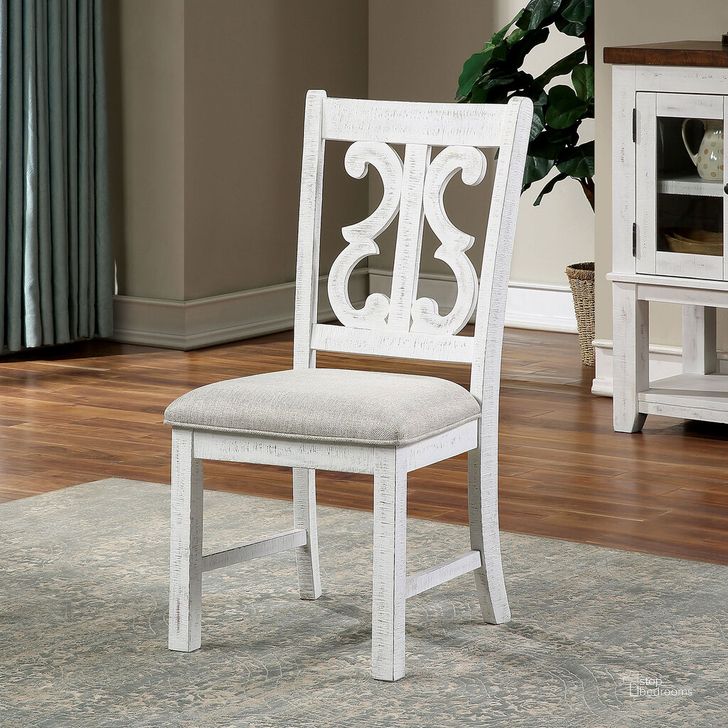 The appearance of Auletta Side Chair Set of 2 In Distressed White and Gray designed by Furniture of America in the rustic / southwestern interior design. This white/gray piece of furniture  was selected by 1StopBedrooms from Auletta Collection to add a touch of cosiness and style into your home. Sku: CM3417SC-2PK. Material: Wood. Product Type: Side Chair. Image1