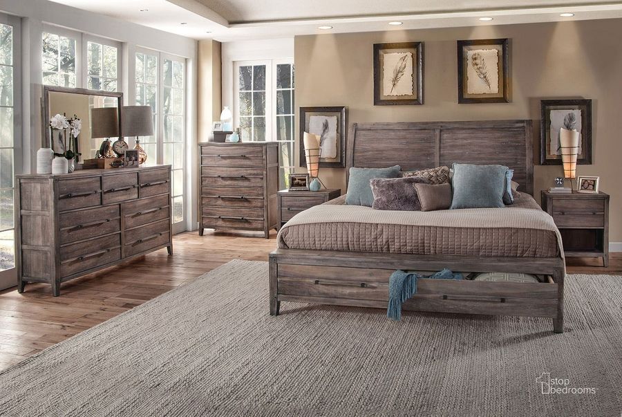 The appearance of Aurora Sleigh Storage Bedroom Set (Weathered Grey) designed by American Woodcrafters in the transitional interior design. This weathered grey piece of furniture  was selected by 1StopBedrooms from Aurora Collection to add a touch of cosiness and style into your home. Sku: 2800-954;2800-956;2800-882;2800-410. Bed Type: Storage Bed. Material: Wood. Product Type: Storage Bed. Bed Size: Queen. Image1
