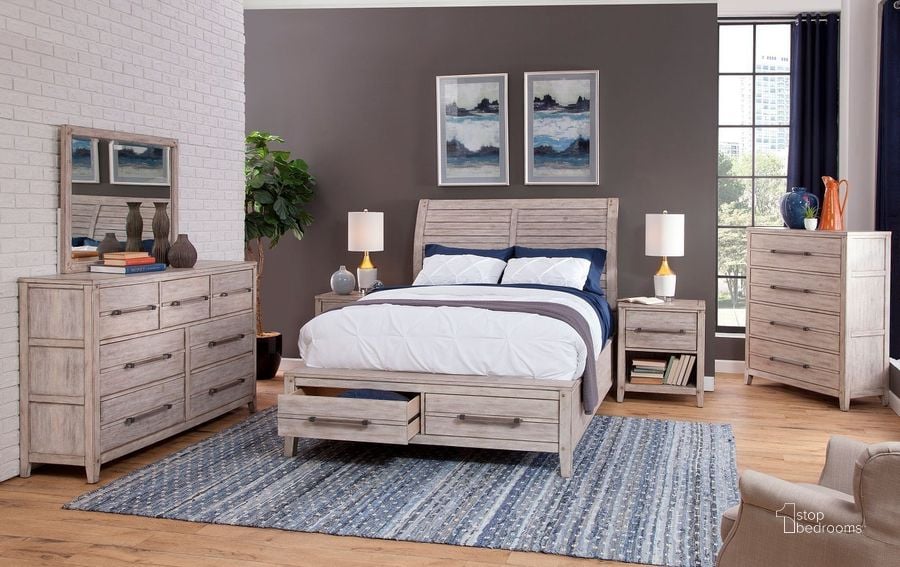 The appearance of Aurora Sleigh Storage Bedroom Set (Whitewash) designed by American Woodcrafters in the transitional interior design. This white wash piece of furniture  was selected by 1StopBedrooms from Aurora Collection to add a touch of cosiness and style into your home. Sku: 2810-954;2810-956;2810-882;2810-410. Bed Type: Storage Bed. Material: Wood. Product Type: Storage Bed. Bed Size: Queen. Image1