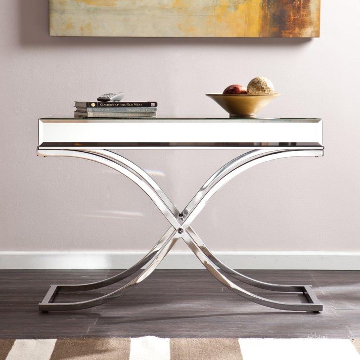 The appearance of Ava Mirrored Console Table In Chrome designed by SEI Furniture in the modern / contemporary interior design. This chrome piece of furniture  was selected by 1StopBedrooms from Ava Collection to add a touch of cosiness and style into your home. Sku: CK4373. Material: Metal. Product Type: Console Table. Image1