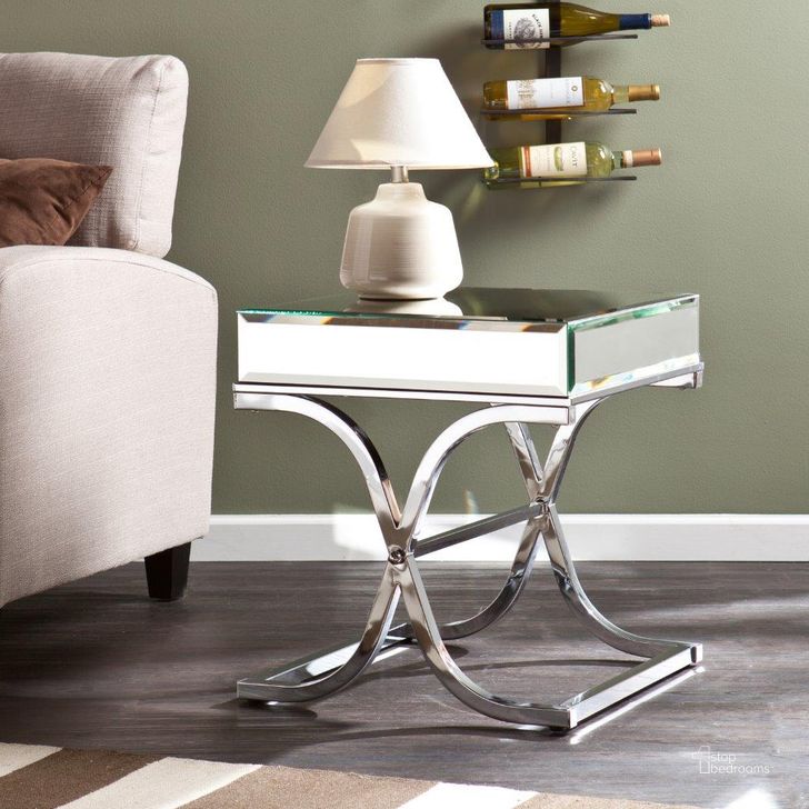 The appearance of Ava Mirrored End Table In Chrome designed by SEI Furniture in the modern / contemporary interior design. This chrome piece of furniture  was selected by 1StopBedrooms from Ava Collection to add a touch of cosiness and style into your home. Sku: CK4372. Material: Metal. Product Type: End Table. Image1