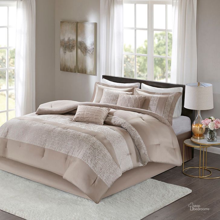 The appearance of Ava Polyester 7Pcs Chenille Jacquard With Charmuse Pieced Queen Comforter Set In Taupe designed by Olliix in the glam interior design. This taupe piece of furniture  was selected by 1StopBedrooms from Ava Collection to add a touch of cosiness and style into your home. Sku: MP10-6032. Material: Polyester. Bed Size: Queen. Product Type: Comforter Set. Image1