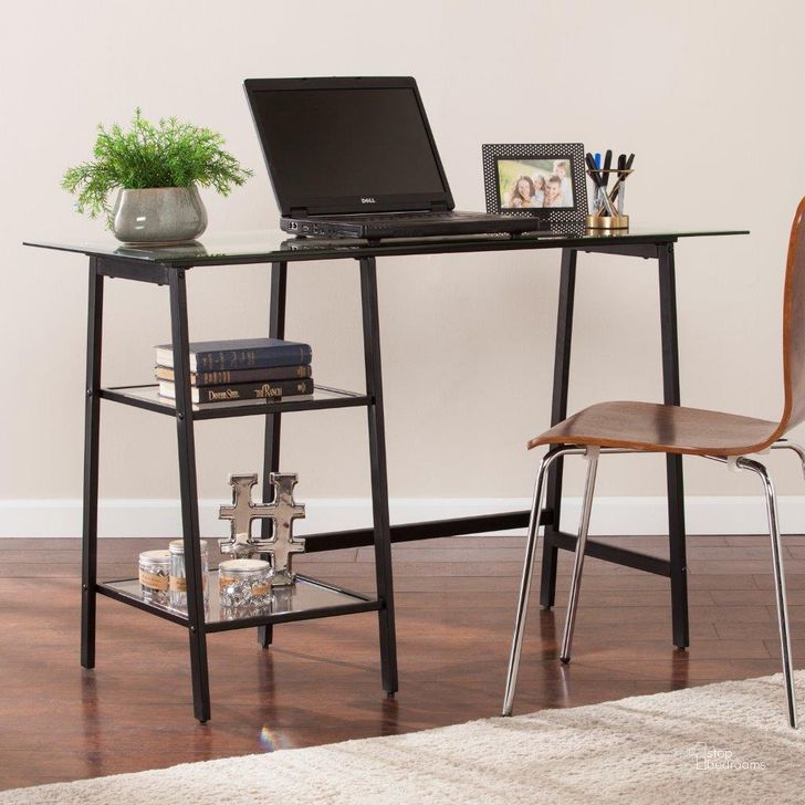 The appearance of Avery Metal And Glass Sawhorse A-Frame Writing Desk In Black designed by SEI Furniture in the modern / contemporary interior design. This black piece of furniture  was selected by 1StopBedrooms from Avery Collection to add a touch of cosiness and style into your home. Sku: HO6531. Product Type: Writing Desk. Material: Iron. Image1