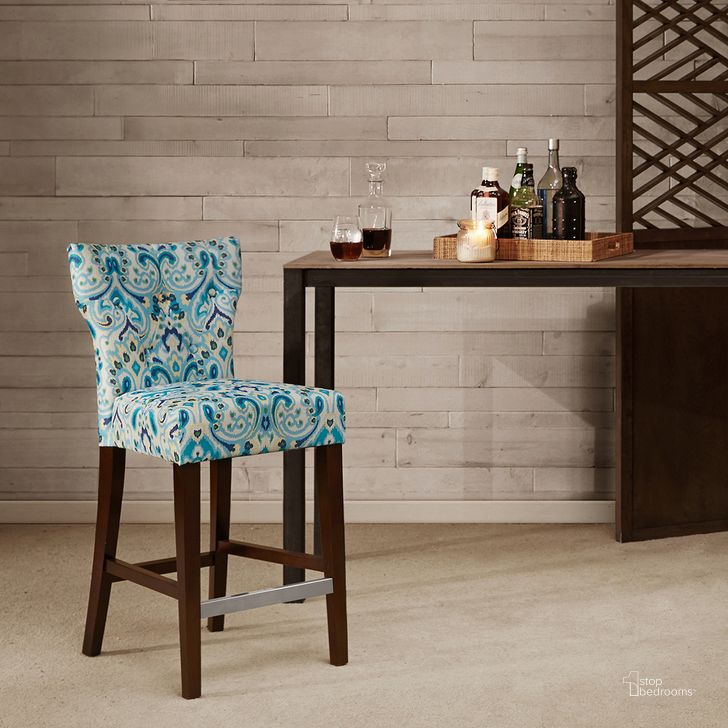 The appearance of Avila Counterstool With Tufted Back In Blue designed by Olliix in the transitional interior design. This blue piece of furniture  was selected by 1StopBedrooms from Avila Collection to add a touch of cosiness and style into your home. Sku: FPF20-0402. Material: Wood. Product Type: Barstool. Image1