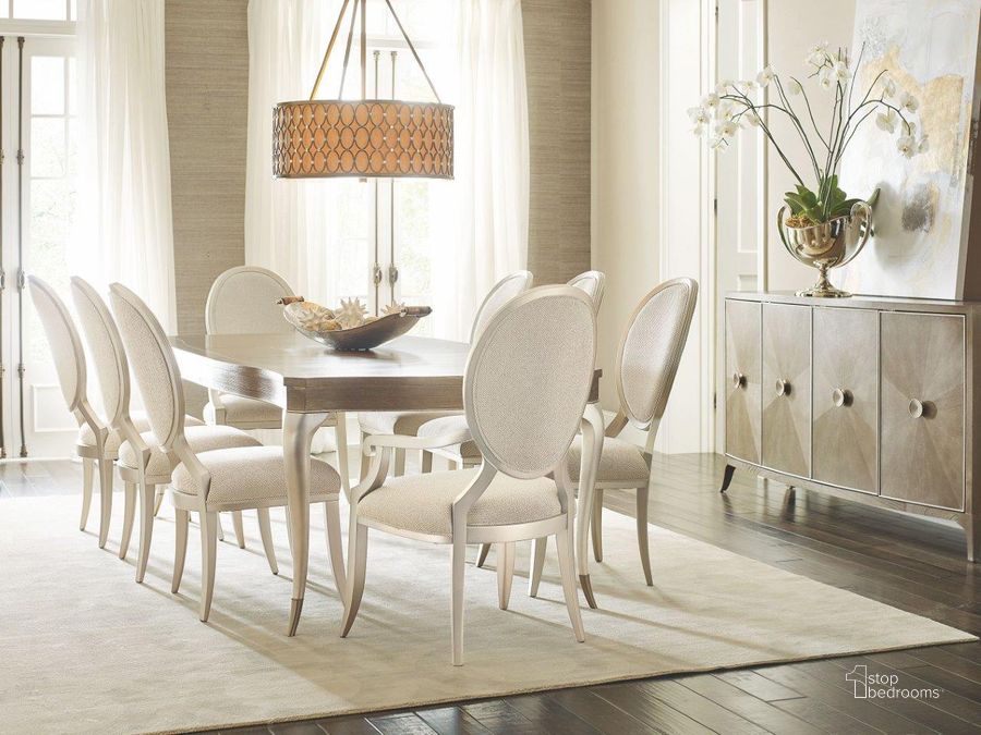 The appearance of Avondale Elegant Linen And Soft Silver Leaf Extendable Rectangle Dining Room Set designed by Caracole in the transitional interior design. This brown piece of furniture  was selected by 1StopBedrooms from Avondale Collection to add a touch of cosiness and style into your home. Sku: C022-417-201;C022-417-282. Table Base Style: Legs. Material: Wood. Product Type: Dining Room Set. Table Top Shape: Rectangular. Image1