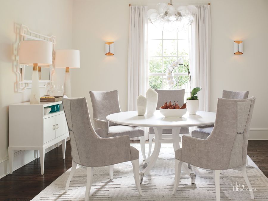 The appearance of Avondale White Lombard Round Dining Room Set designed by Lexington in the transitional interior design. This white piece of furniture  was selected by 1StopBedrooms from Avondale Collection to add a touch of cosiness and style into your home. Sku: 01-0415-875C;01-0415-882-01. Table Base Style: Pedestal. Table Top Shape: Round. Material: Wood. Product Type: Dining Room Set. Image1