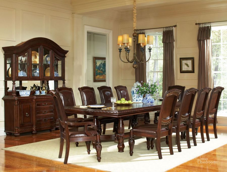 The appearance of Antoinette Warm Brown Extendable Double Pedestal Dining Room Set designed by Steve Silver in the traditional interior design. This brown piece of furniture  was selected by 1StopBedrooms from Antoinette Collection to add a touch of cosiness and style into your home. Sku: AY200T;AY600S. Table Base Style: Double Pedestal. Material: Wood. Product Type: Dining Room Set. Table Top Shape: Rectangular. Image1