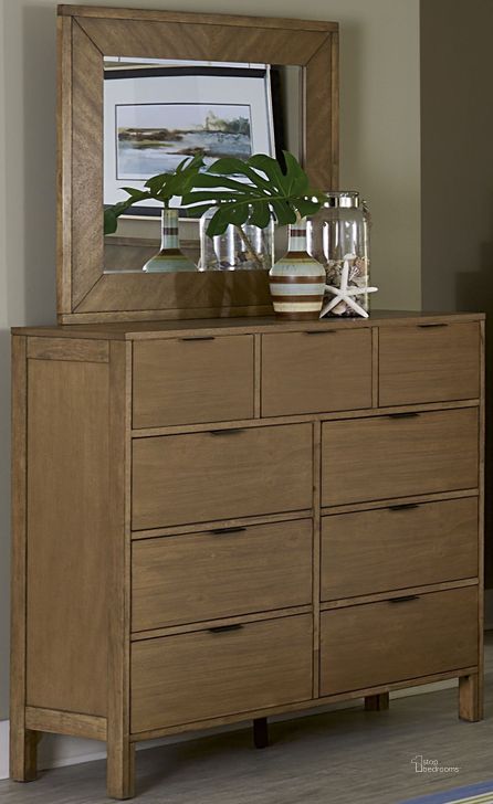 The appearance of Strategy Distressed Jute Drawer Dresser with Mirror designed by Progressive Furniture in the transitional interior design. This brown piece of furniture  was selected by 1StopBedrooms from Strategy Collection to add a touch of cosiness and style into your home. Sku: B100-23;B100-50. Material: Wood. Product Type: Dresser. Image1