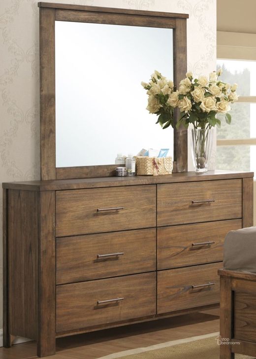 The appearance of Brayden Distressed Satin Mindi Drawer Dresser with Mirror designed by Progressive Furniture in the transitional interior design. This brown piece of furniture  was selected by 1StopBedrooms from Brayden Collection to add a touch of cosiness and style into your home. Sku: B104-23;B104-50. Material: Wood. Product Type: Dresser. Image1