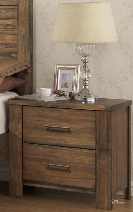 The appearance of Brayden Distressed Satin Mindi Nightstand designed by Progressive Furniture in the transitional interior design. This brown piece of furniture  was selected by 1StopBedrooms from Brayden Collection to add a touch of cosiness and style into your home. Sku: B104-43. Material: Wood. Product Type: Nightstand. Image1