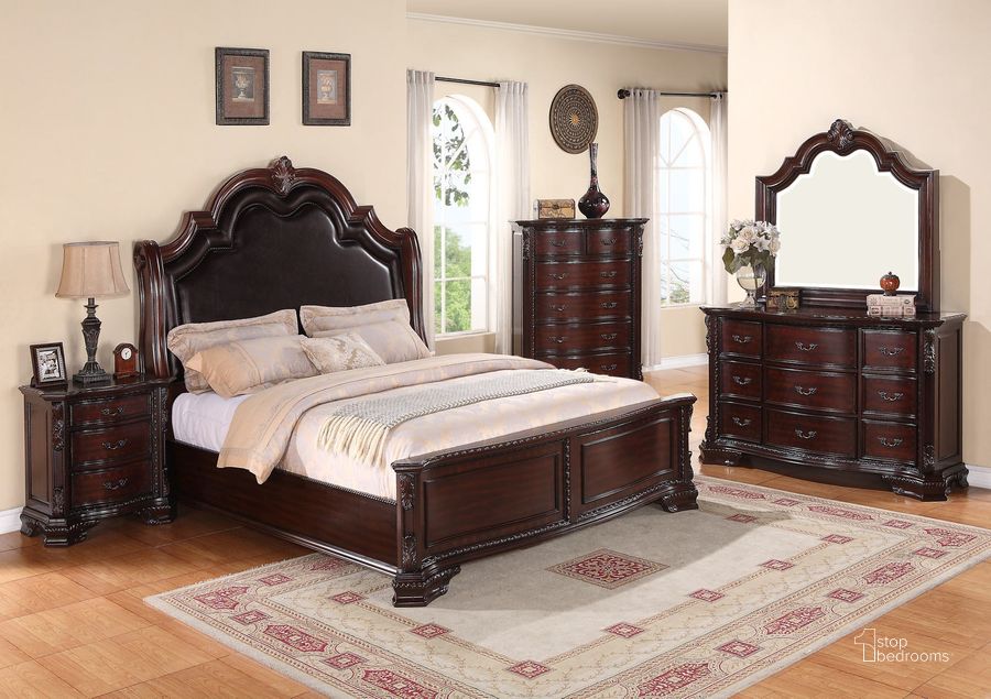 The appearance of Crown Mark Furniture Sheffield Upholstered Bedroom Set in Dark Cherry designed by Crown Mark in the rustic / southwestern interior design. This dark cherry piece of furniture  was selected by 1StopBedrooms from Sheffield Collection to add a touch of cosiness and style into your home. Sku: B1100-Q-HB;B1100-Q-FB;B1100-Q-RAIL;B1100-2. Bed Type: Panel Bed. Material: Wood. Product Type: Panel Bed. Bed Size: Queen. Image1