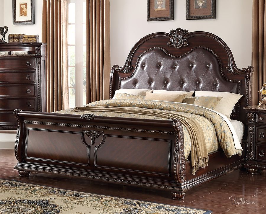 The appearance of Stanley Sleigh Bed (King) designed by Crown Mark in the modern / contemporary interior design. This brown piece of furniture  was selected by 1StopBedrooms from Stanley Collection to add a touch of cosiness and style into your home. Sku: B1600-K-HB;B1600-K-FB;B1600-KQ-RAIL;B1600-KQ-HBLEG. Bed Type: Sleigh Bed. Material: Wood. Product Type: Sleigh Bed. Bed Size: King. Image1