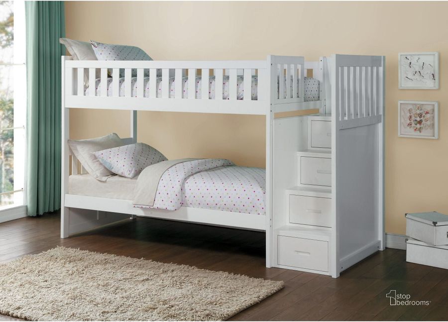The appearance of Galen White Youth Bunk Bedroom Set With Storage Staircase designed by Homelegance in the transitional interior design. This white piece of furniture  was selected by 1StopBedrooms from Galen Collection to add a touch of cosiness and style into your home. Sku: B2053SBW-1;B2053SBW-2;B2053SBW-SL;B2053SBW-3;B2053W-4. Bed Type: Bunk Bed. Material: Wood. Product Type: Bunk Bed. Bed Size: Twin Over Twin. Image1