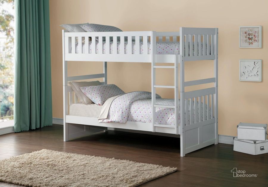 The appearance of Galen White Twin Over Twin Bunk Bed designed by Homelegance in the transitional interior design. This white piece of furniture  was selected by 1StopBedrooms from Galen Collection to add a touch of cosiness and style into your home. Sku: B2053W-1;B2053W-2;B2053W-SL. Bed Type: Bunk Bed. Material: Wood. Product Type: Bunk Bed. Bed Size: Twin Over Twin.