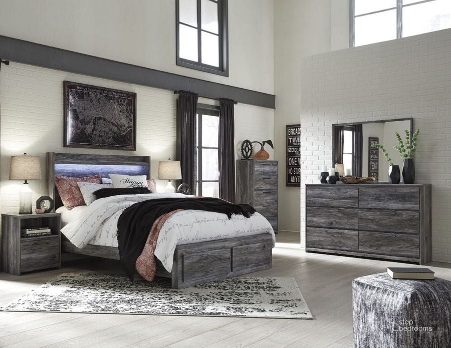 The appearance of Baystorm Gray Platform Storage Bedroom Set designed by Signature Design by Ashley in the transitional interior design. This gray piece of furniture  was selected by 1StopBedrooms from Baystorm Collection to add a touch of cosiness and style into your home. Sku: B221-57;B221-54S;B221-95;B100-13;B221-91. Bed Type: Storage Bed. Material: Wood. Product Type: Storage Bed. Bed Size: Queen. Image1