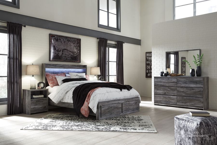 The appearance of Baystorm Gray Storage Panel Bedroom Set designed by Signature Design by Ashley in the transitional interior design. This gray piece of furniture  was selected by 1StopBedrooms from Baystorm Collection to add a touch of cosiness and style into your home. Sku: B221-54S;B221-57;B221-60;B221-95;B100-13;B221-91. Bed Type: Storage Bed. Material: Wood. Product Type: Storage Bed. Bed Size: Queen. Image1