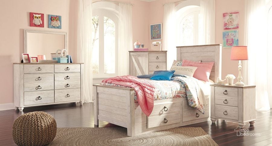 The appearance of Willowton Youth Storage Bedroom Set designed by Signature Design by Ashley in the traditional interior design. This white wash piece of furniture  was selected by 1StopBedrooms from Willowton Collection to add a touch of cosiness and style into your home. Sku: B267-53;B267-52;B267-50;B100-11;B267-92. Bed Type: Storage Bed. Material: Wood. Product Type: Storage Bed. Bed Size: Twin. Image1