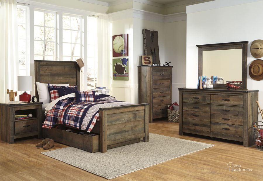 The appearance of Trinell Brown Youth Storage Panel Bedroom Set designed by Signature Design by Ashley in the transitional interior design. This brown piece of furniture  was selected by 1StopBedrooms from Trinell Collection to add a touch of cosiness and style into your home. Sku: B446-52;B446-53;B446-60;B446-83;B100-11;B446-91. Bed Type: Storage Bed. Material: Wood. Product Type: Storage Bed. Bed Size: Twin. Image1