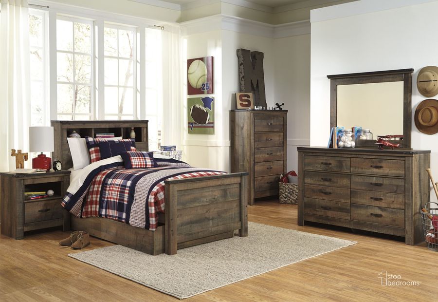 The appearance of Trinell Brown Youth Storage Bookcase Bedroom Set designed by Signature Design by Ashley in the industrial interior design. This brown piece of furniture  was selected by 1StopBedrooms from Trinell Collection to add a touch of cosiness and style into your home. Sku: B446-52;B446-60;B446-63;B446-83;B100-11;B446-91. Bed Type: Bookcase Bed. Material: Wood. Product Type: Bookcase Bed. Bed Size: Twin. Image1