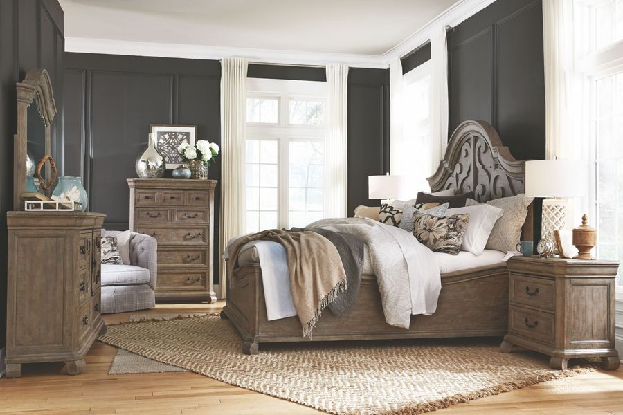The appearance of Tinley Park Dove Tail Grey Shaped Panel Bedroom Set designed by Magnussen in the traditional interior design. This brown piece of furniture  was selected by 1StopBedrooms from Tinley Park Collection to add a touch of cosiness and style into your home. Sku: B4646-55H;B4646-55F;B4646-55R;B4646-07. Bed Type: Panel Bed. Product Type: Panel Bed. Bed Size: Queen. Material: Pine.
