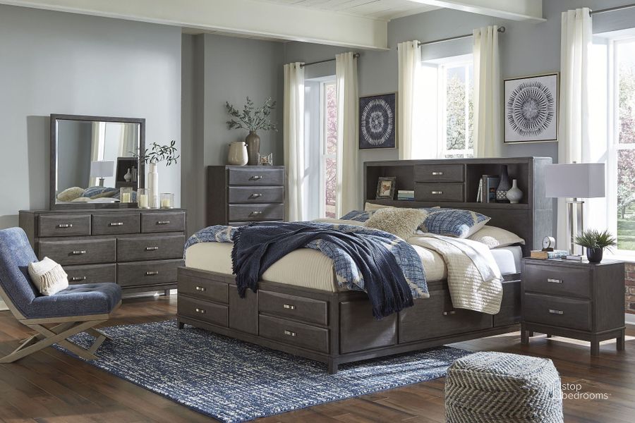 The appearance of Caitbrook Gray Storage Panel Bedroom Set designed by Signature Design by Ashley in the modern / contemporary interior design. This gray piece of furniture  was selected by 1StopBedrooms from Caitbrook Collection to add a touch of cosiness and style into your home. Sku: B476-65;B476-64;B476-98;B476-92. Bed Type: Storage Bed. Material: Wood. Product Type: Storage Bed. Bed Size: Queen. Image1