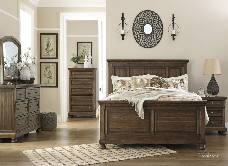 The appearance of Flynnter Medium Brown Panel Bedroom Set designed by Signature Design by Ashley in the transitional interior design. This medium brown piece of furniture  was selected by 1StopBedrooms from Flynnter Collection to add a touch of cosiness and style into your home. Sku: B719-57;B719-54;B719-96;B719-92. Bed Type: Panel Bed. Material: Wood. Product Type: Panel Bed. Bed Size: Queen. Image1