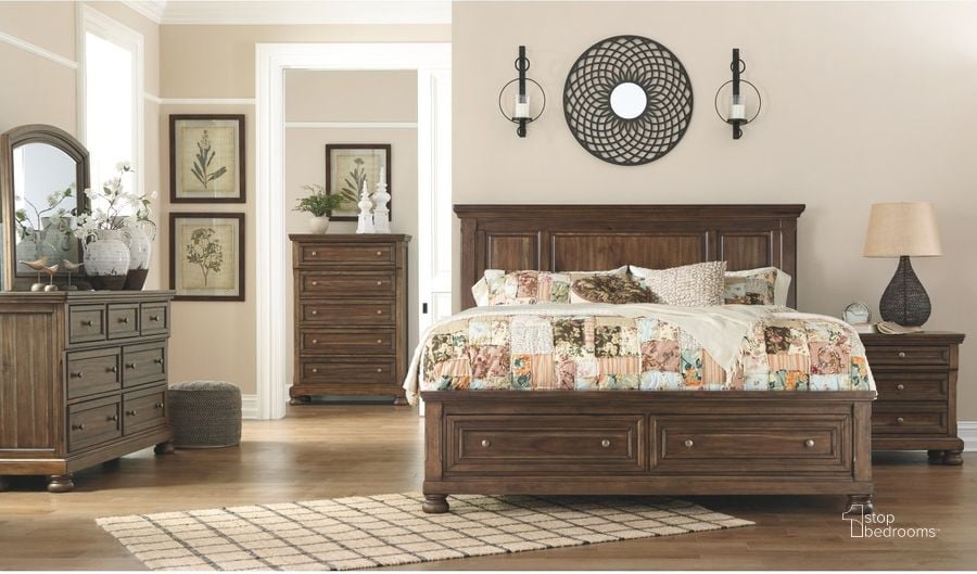 The appearance of Flynnter Medium Brown Panel Storage Bedroom Set designed by Signature Design by Ashley in the transitional interior design. This medium brown piece of furniture  was selected by 1StopBedrooms from Flynnter Collection to add a touch of cosiness and style into your home. Sku: B719-57;B719-74;B719-98;B719-92. Bed Type: Storage Bed. Material: Wood. Product Type: Storage Bed. Bed Size: Queen. Image1