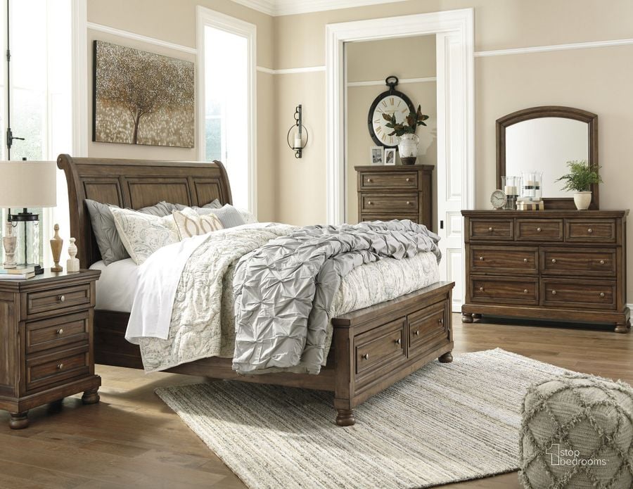 The appearance of Flynnter Medium Brown Sleigh Storage Bedroom Set designed by Signature Design by Ashley in the transitional interior design. This medium brown piece of furniture  was selected by 1StopBedrooms from Flynnter Collection to add a touch of cosiness and style into your home. Sku: B719-77;B719-74;B719-98;B719-92. Bed Type: Storage Bed. Material: Wood. Product Type: Storage Bed. Bed Size: Queen. Image1