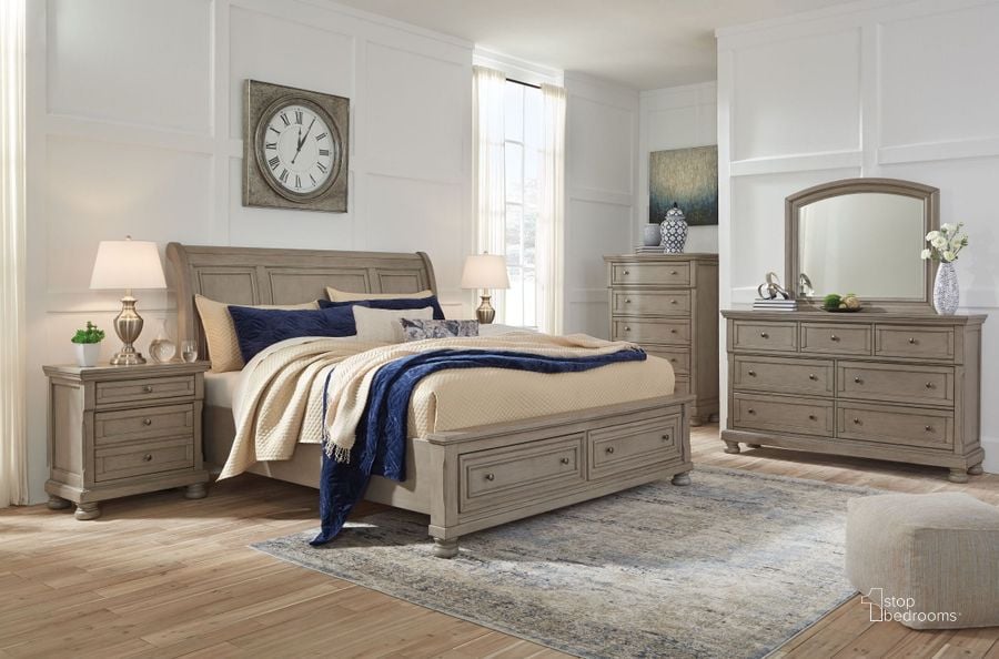 The appearance of Lettner Light Gray Sleigh Bedroom Set designed by Signature Design by Ashley in the transitional interior design. This light gray piece of furniture  was selected by 1StopBedrooms from Lettner Collection to add a touch of cosiness and style into your home. Sku: B733-77;B733-74;B733-98;B733-92. Bed Type: Storage Bed. Material: Wood. Product Type: Storage Bed. Bed Size: Queen. Image1