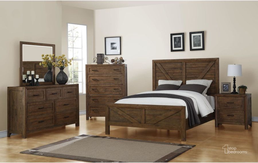 The appearance of Pine Valley Burnished Pine Queen Panel Bedroom Set designed by Emerald Home Furnishings in the transitional interior design. This brown piece of furniture  was selected by 1StopBedrooms from Pine Valley Collection to add a touch of cosiness and style into your home. Sku: B744-10HB;B744-10FB;B744-10R;B744-04. Bed Type: Panel Bed. Material: Wood. Product Type: Panel Bed. Bed Size: Queen. Image1