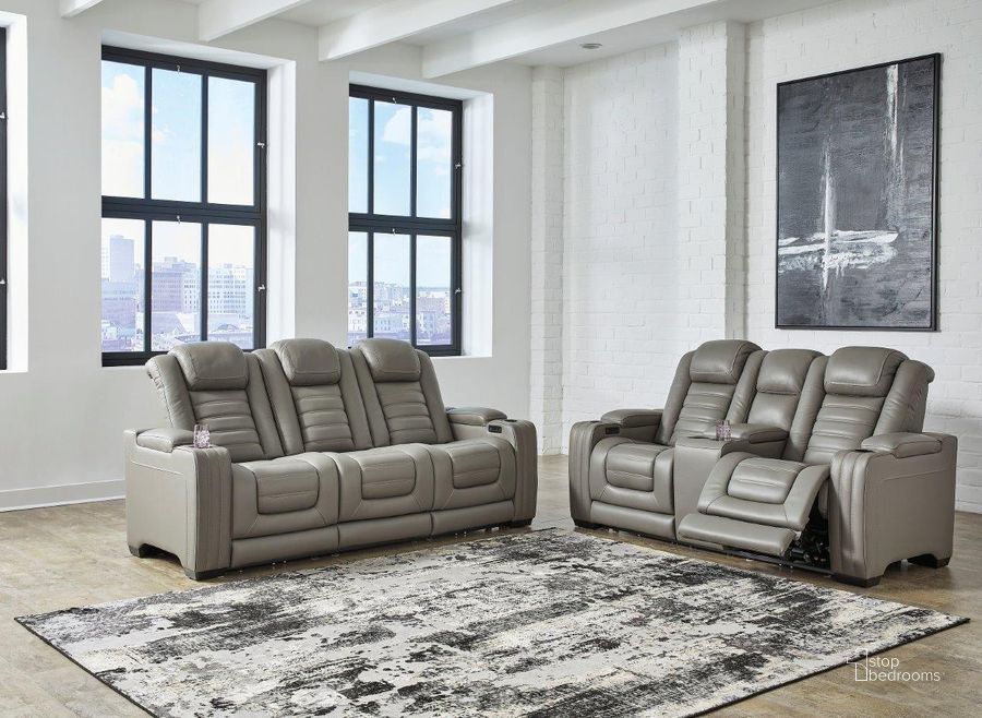 The appearance of Backtrack Power Reclining Living Room Set In Gray designed by Signature Design by Ashley in the modern / contemporary interior design. This gray piece of furniture  was selected by 1StopBedrooms from Backtrack Collection to add a touch of cosiness and style into your home. Sku: U2800515;U2800518. Product Type: Living Room Set. Material: Leather Match. Image1