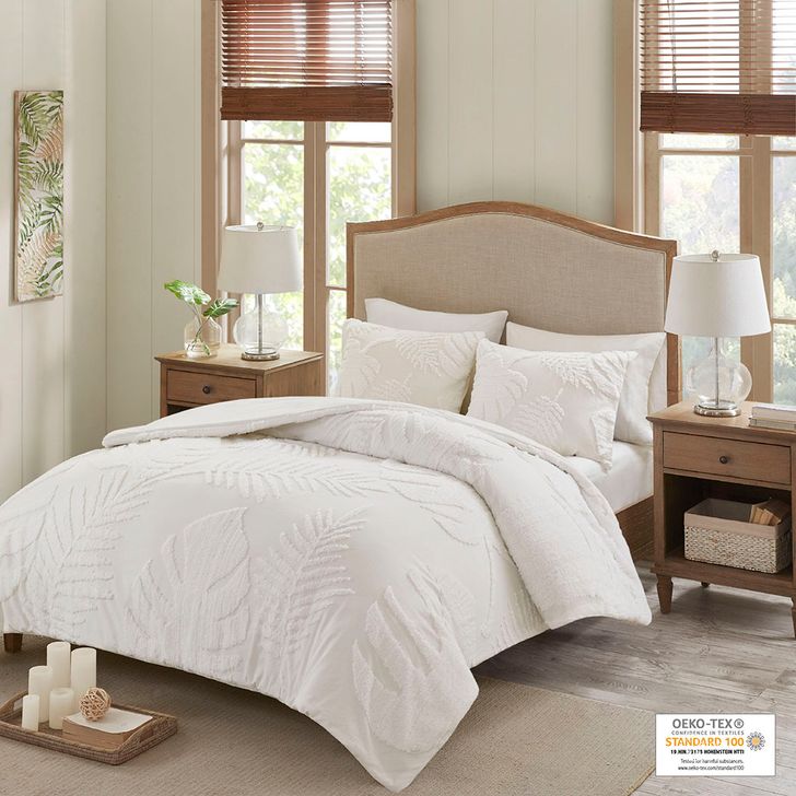 The appearance of Bahari Cotton Chenille Palm Queen Comforter Set With Tufted Technique In Off White designed by Olliix in the coastal interior design. This off white piece of furniture  was selected by 1StopBedrooms from Bahari Collection to add a touch of cosiness and style into your home. Sku: MP10-6221. Material: Polyester. Bed Size: Queen. Product Type: Comforter Set. Image1