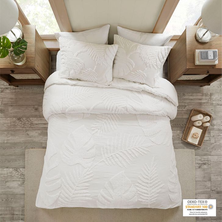 The appearance of Bahari Cotton Chenille Palm Queen Duvet Cover Set With Tufted Technique In Off White designed by Olliix in the coastal interior design. This off white piece of furniture  was selected by 1StopBedrooms from Bahari Collection to add a touch of cosiness and style into your home. Sku: MP12-6223. Bed Size: Queen. Material: Cotton. Product Type: Duvet Cover Set. Image1