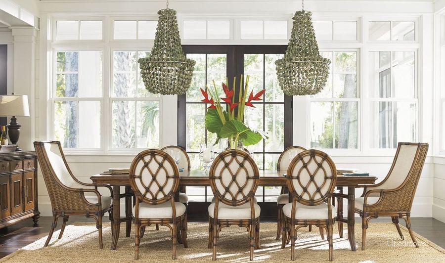 The appearance of Bali Hai Fisher Island Double Pedestal Extendable Dining Room Set designed by Tommy Bahama in the transitional interior design. This brown piece of furniture  was selected by 1StopBedrooms from Bali Hai Collection to add a touch of cosiness and style into your home. Sku: 01-0593-876C;01-0593-882-01. Table Base Style: Double Pedestal. Product Type: Dining Room Set. Material: Rattan. Table Top Shape: Rectangular. Size: 72". Image1