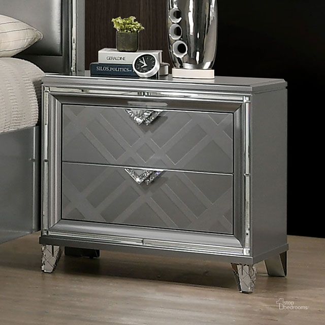 The appearance of Balian Silver Nightstand designed by Off 5th Home in the modern / contemporary interior design. This silver piece of furniture  was selected by 1StopBedrooms from Balian Collection to add a touch of cosiness and style into your home. Sku: FOA7147N. Material: Wood. Product Type: Nightstand. Image1