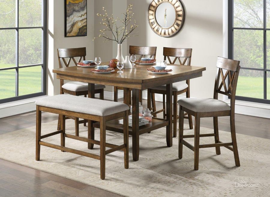 The appearance of Balin Light Oak Counter Height Dining Room Set designed by Homelegance in the transitional interior design. This brown piece of furniture  was selected by 1StopBedrooms from Balin Collection to add a touch of cosiness and style into your home. Sku: 5716RFAK-36;5716RFAK-24S2. Table Base Style: Trestle. Table Top Shape: Square. Material: Wood. Product Type: Dining Room Set. Image1