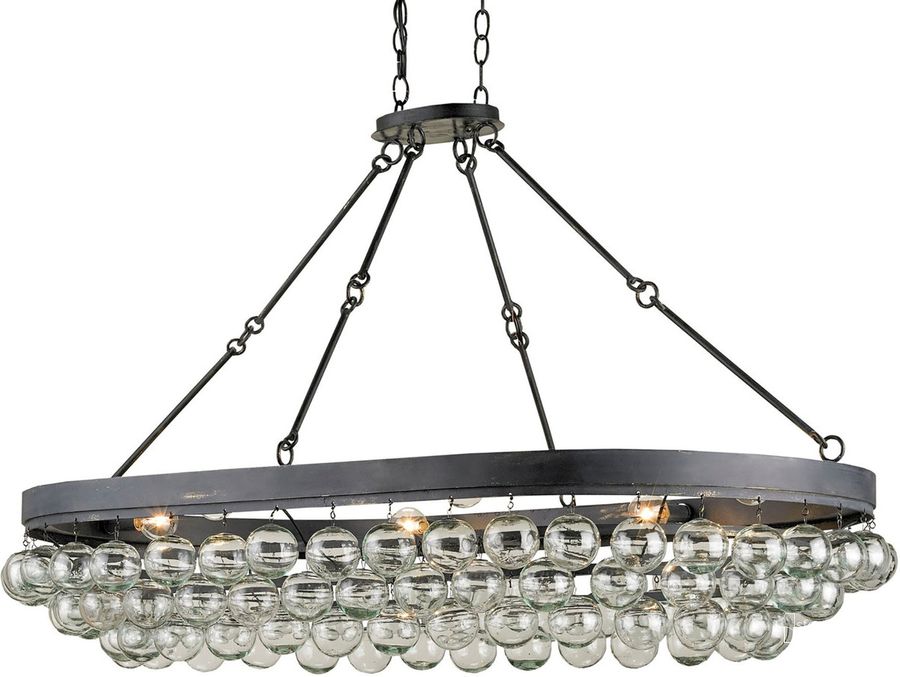The appearance of Balthazar Glass Oval Chandelier In Black designed by Currey & Company in the modern / contemporary interior design. This black piece of furniture  was selected by 1StopBedrooms from  to add a touch of cosiness and style into your home. Sku: 9888. Product Type: Chandelier. Material: Iron.