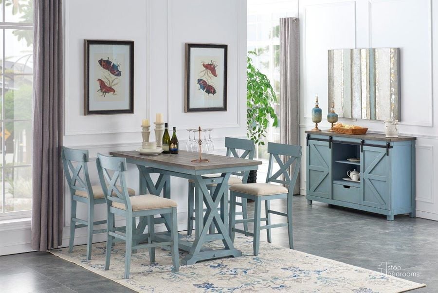 The appearance of Bar Harbor Blue Counter Height Dining Room Set designed by Coast to Coast in the transitional interior design. This blue piece of furniture  was selected by 1StopBedrooms from Bar Harbor Collection to add a touch of cosiness and style into your home. Sku: 40299;40300. Table Base Style: Trestle. Product Type: Dining Room Set. Table Top Shape: Rectangular. Material: Pine. Image1