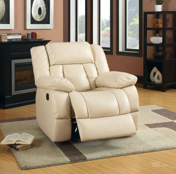 The appearance of Barbado Glider Recliner In Ivory designed by Furniture of America in the transitional interior design. This ivory piece of furniture  was selected by 1StopBedrooms from Barbado Collection to add a touch of cosiness and style into your home. Sku: CM6827CH. Product Type: Recliner. Material: Leather Match.
