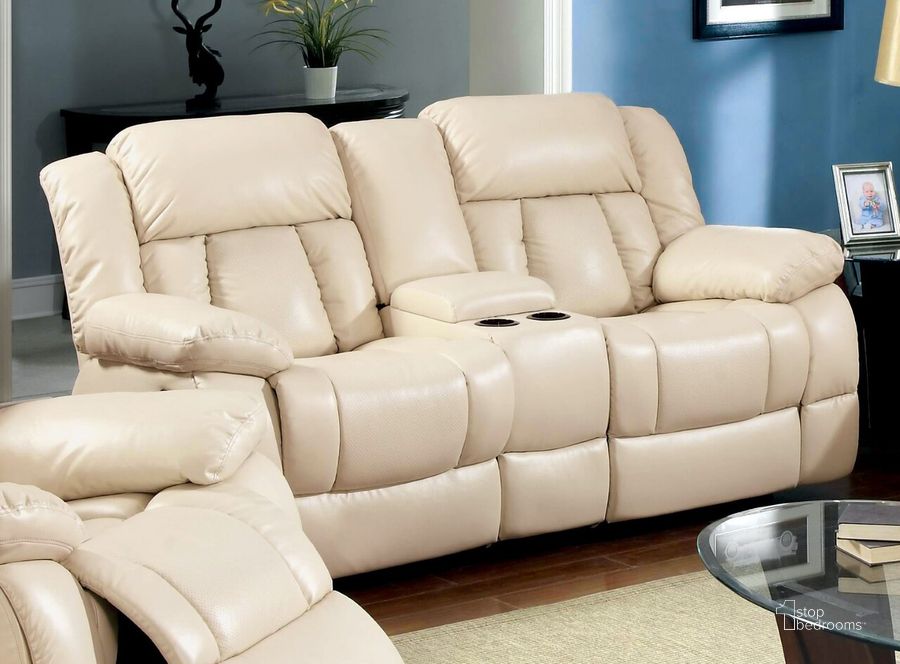 The appearance of Barbado Loveseat With 2 Recliners In Ivory designed by Furniture of America in the transitional interior design. This ivory piece of furniture  was selected by 1StopBedrooms from Barbado Collection to add a touch of cosiness and style into your home. Sku: CM6827LV. Material: Leather Match. Product Type: Reclining Loveseat.