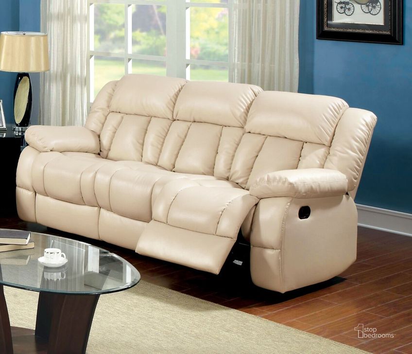 The appearance of Barbado Sofa With 2 Recliners In Ivory designed by Furniture of America in the transitional interior design. This ivory piece of furniture  was selected by 1StopBedrooms from Barbado Collection to add a touch of cosiness and style into your home. Sku: CM6827SF. Product Type: Sofa. Material: Leather Match. Image1