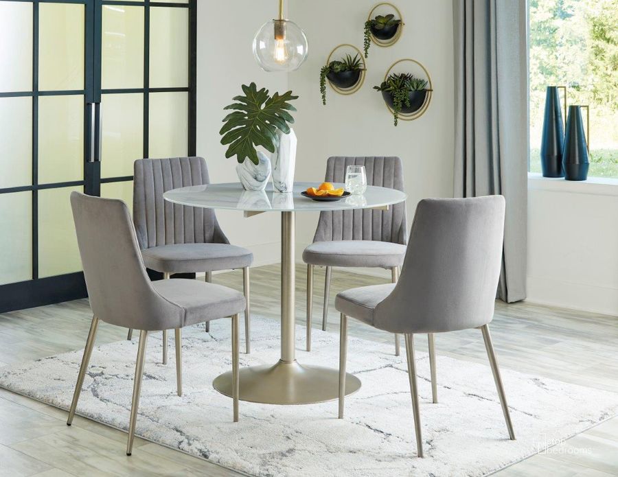 The appearance of Barchoni Two Tone Dining Room Set designed by Signature Design by Ashley in the modern / contemporary interior design. This two-tone piece of furniture  was selected by 1StopBedrooms from Barchoni Collection to add a touch of cosiness and style into your home. Sku: D262-15;D262-01. Table Base Style: Pedestal. Table Top Shape: Round. Material: Marble. Product Type: Dining Room Set. Image1