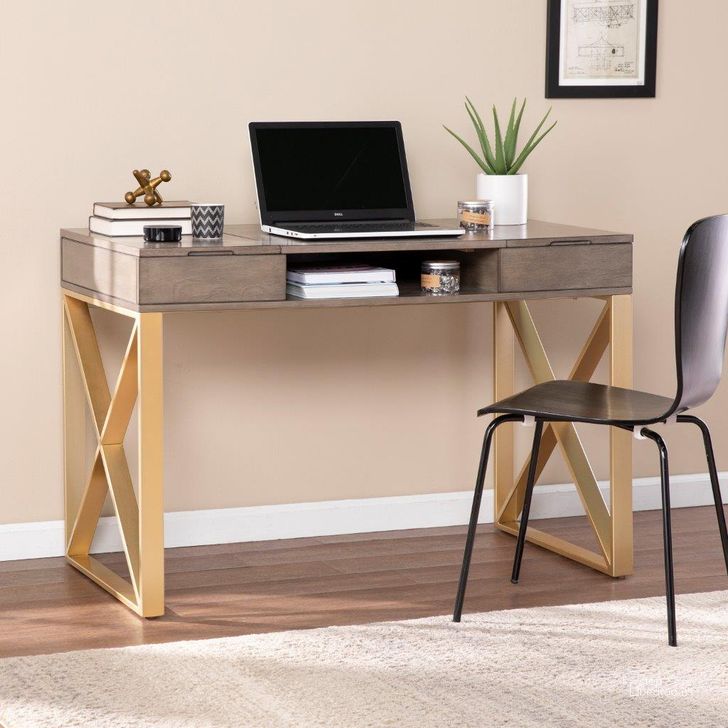 The appearance of Bardmont Two-Tone Desk With Storage designed by SEI Furniture in the transitional interior design. This gray and gold piece of furniture  was selected by 1StopBedrooms from Bardmont Collection to add a touch of cosiness and style into your home. Sku: HO1094237. Material: Wood. Product Type: Desk. Image1