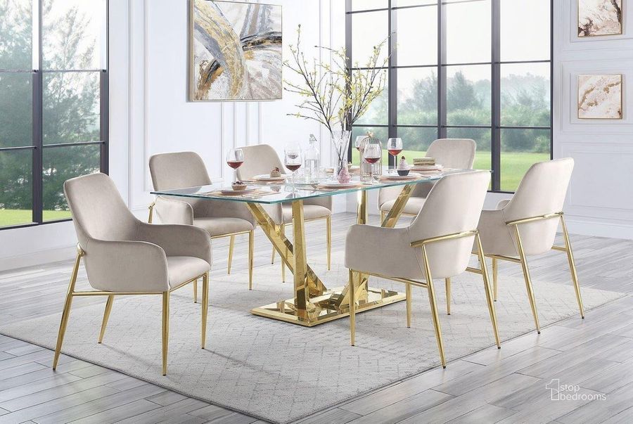 The appearance of Barnard Dining Room Set designed by ACME in the modern / contemporary interior design. This gold piece of furniture  was selected by 1StopBedrooms from Barnard Collection to add a touch of cosiness and style into your home. Sku: DN00219-1;DN00219-2;DN00219-3;DN00220. Table Base Style: Trestle. Product Type: Dining Room Set. Table Top Shape: Rectangular. Material: Stainless Steel. Size: 79". Image1